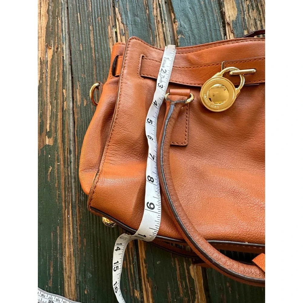 Michael Kors Hamilton Cognac Leather Satchel Gold Padlock Handbag with Pouch